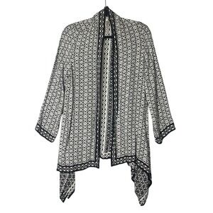 Chicos Open Front Cardigan Sz 1,‎ Medium Black White Geometric Asymmetric Hem